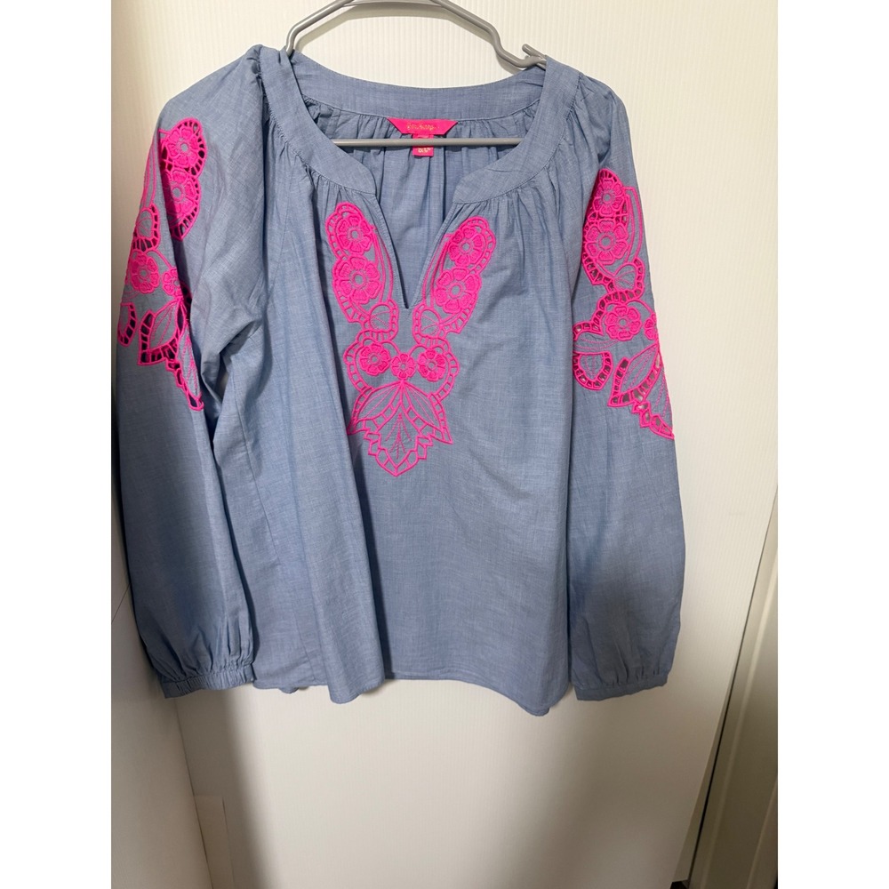 Lilly Pulitzer Size L Blue Pink Embroidered Tunic Top 100% Cotton Boho Resort - Picture 2 of 7